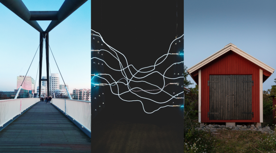 Photo collage of houses and electric wires.