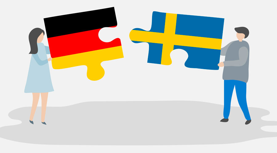 Two jigsaw puzzle pieces that fit together, one with the German flag and the other with the Swedish flag. Illustration.