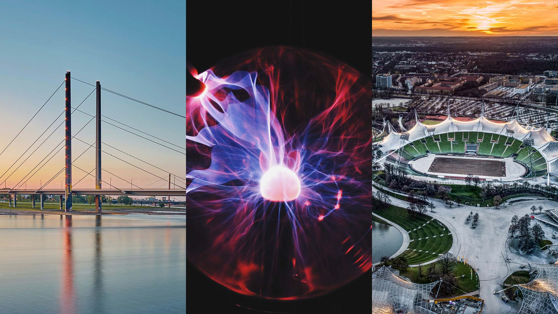 Photo collage: A bridge, electricity and a sports stadium.