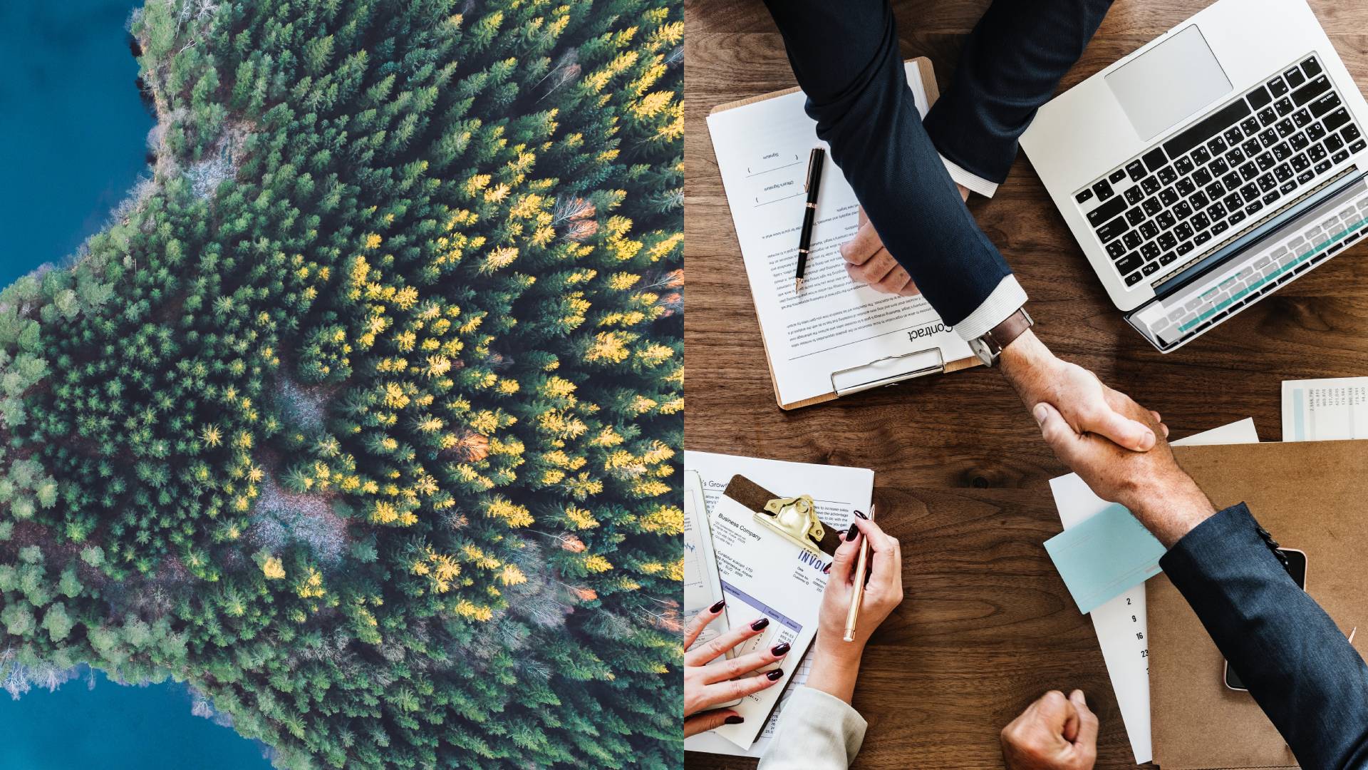 Photo collage: A forest and a lake from above. Two men shaking hands across a table.