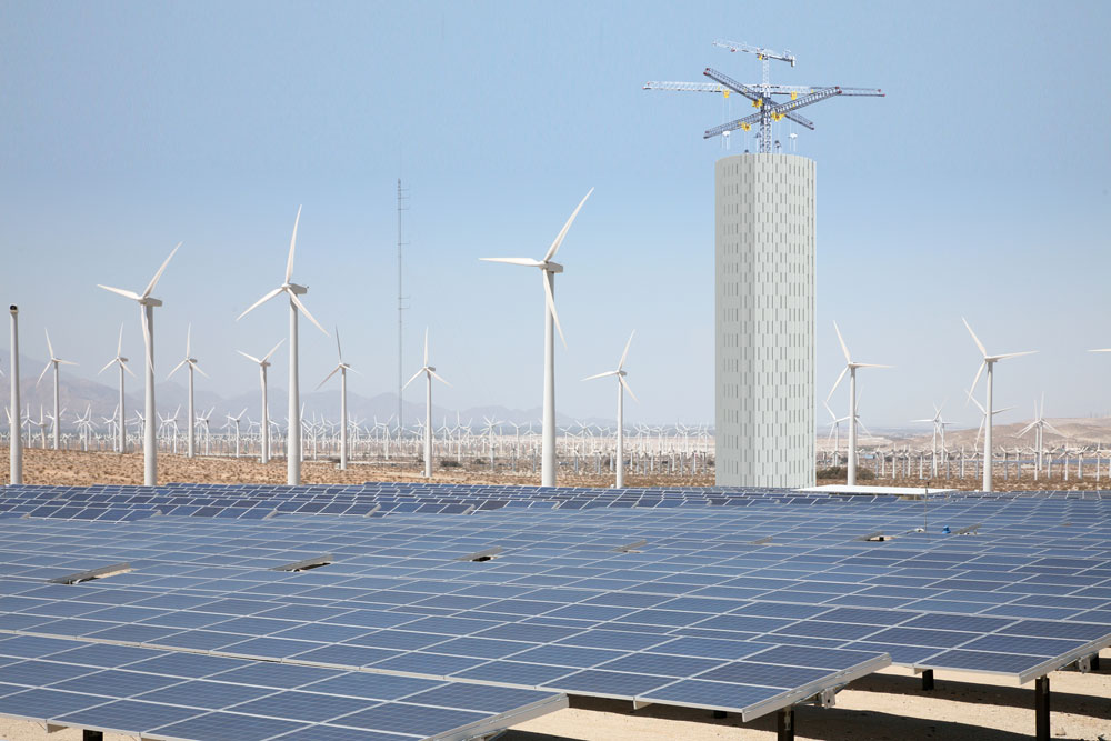 Gravity storage plant next to solar panels and windmills. Illustration.