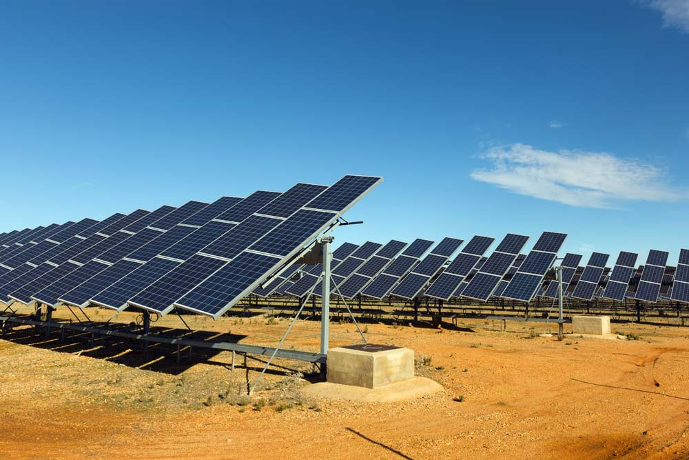 Solar panels in desert. Photo.