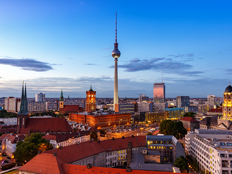 Berlin city skyline with tv-tower in twilight.