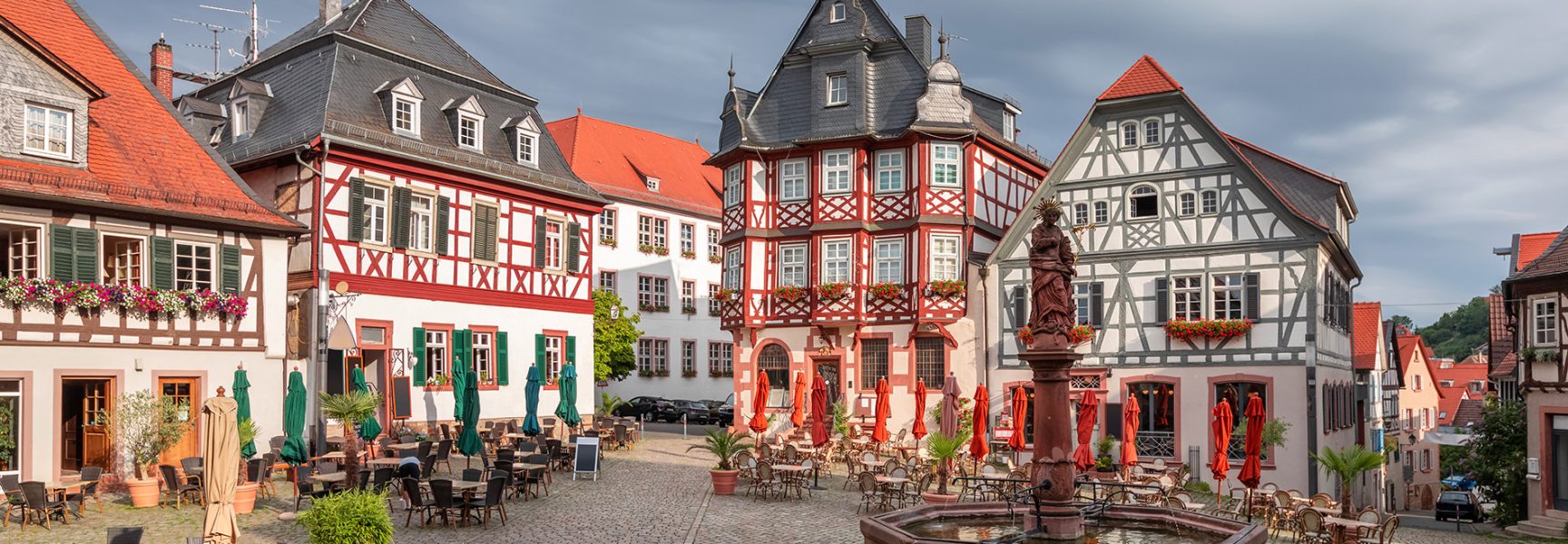 Timber houses on a market square in Heppenheim, Germany.
