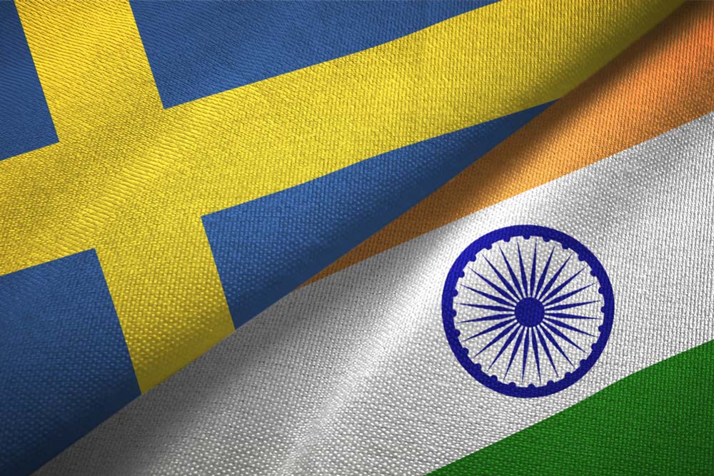 Swedish and Indian flags. Photo.