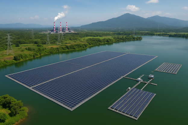 An aerial view of a large floating solar power plant on a body of water, with a conventional power plant with smoking stacks and a green, tree-covered mountain in the background.