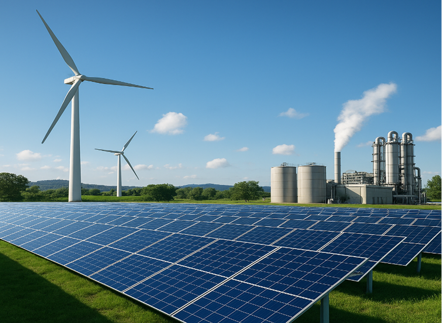 A field of solar panels in the foreground with two wind turbines and an industrial facility with smoke stacks and silos in the background under a clear blue sky, symbolizing clean and conventional energy.