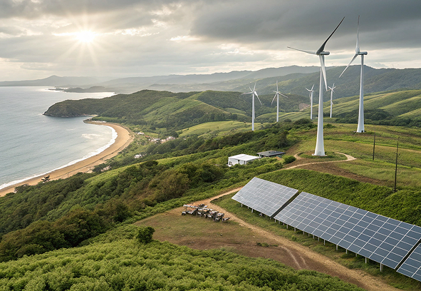 An aerial view of a coastal landscape with rolling green hills. A wind farm with several large turbines and a section of ground-mounted solar panels are visible on the hillside overlooking a crescent-shaped beach and the ocean, with the sun setting or rising in the sky.